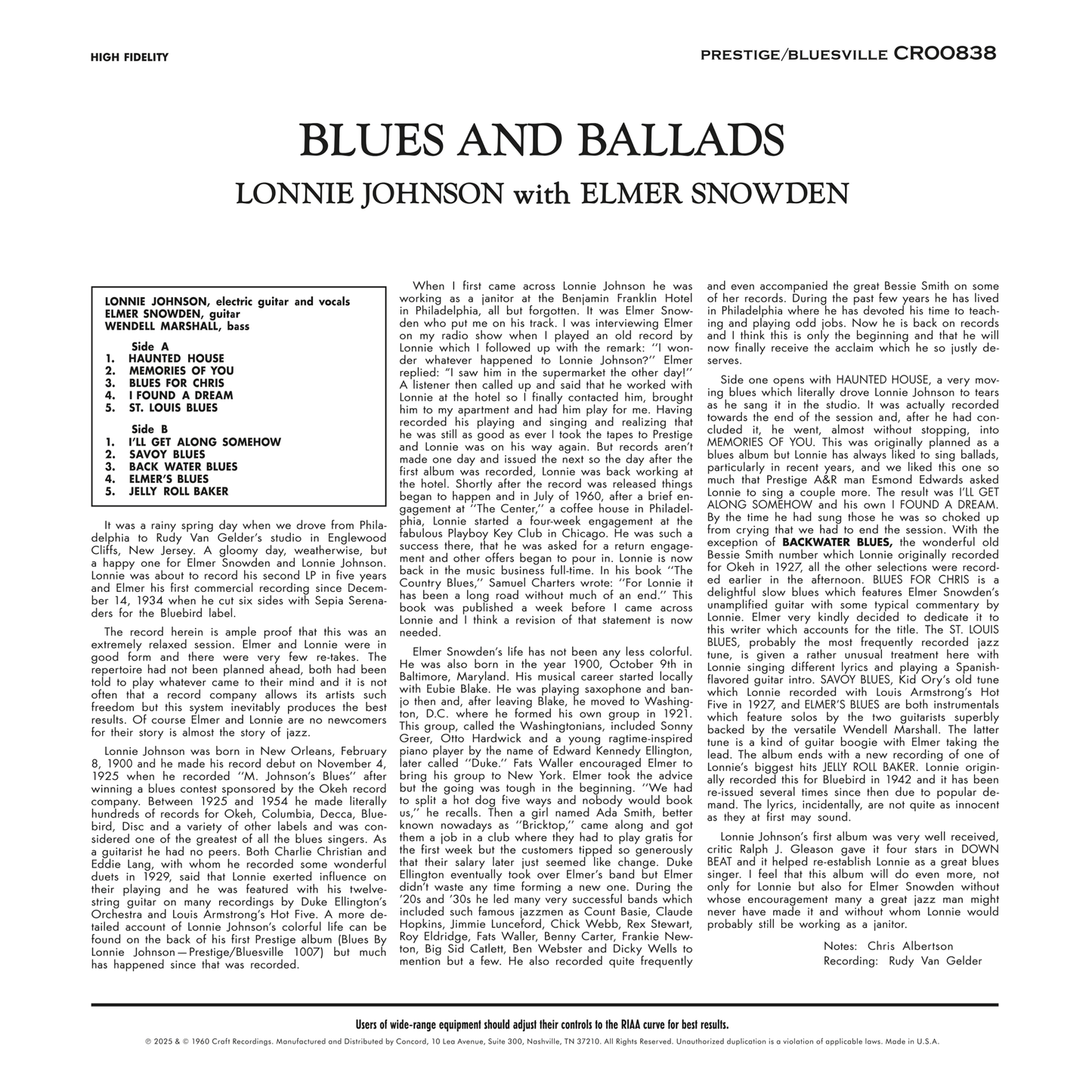 Lonnie Johnson - Blues & Ballads - Bluesville Acoustic Sound Series LP { Vinyl LP }