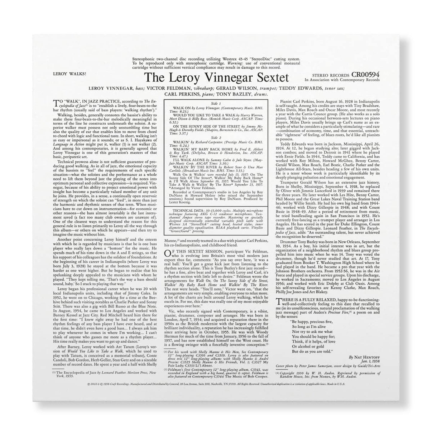 The Leroy Vinnegar Sextet - Leroy Walks! - Contemporary LP { Vinyl LP }