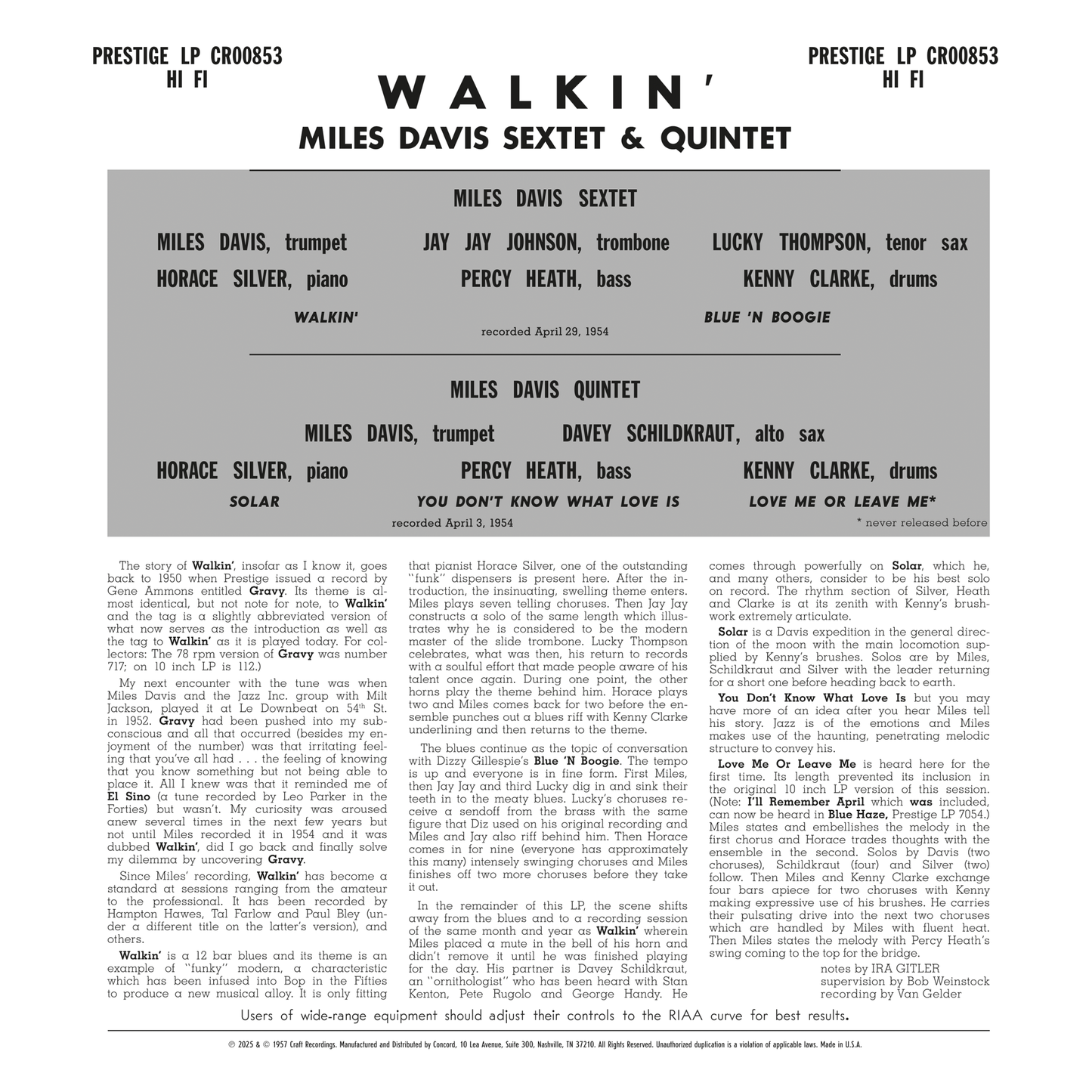 Miles Davis - Walkin' - OJC LP { Vinyl LP }