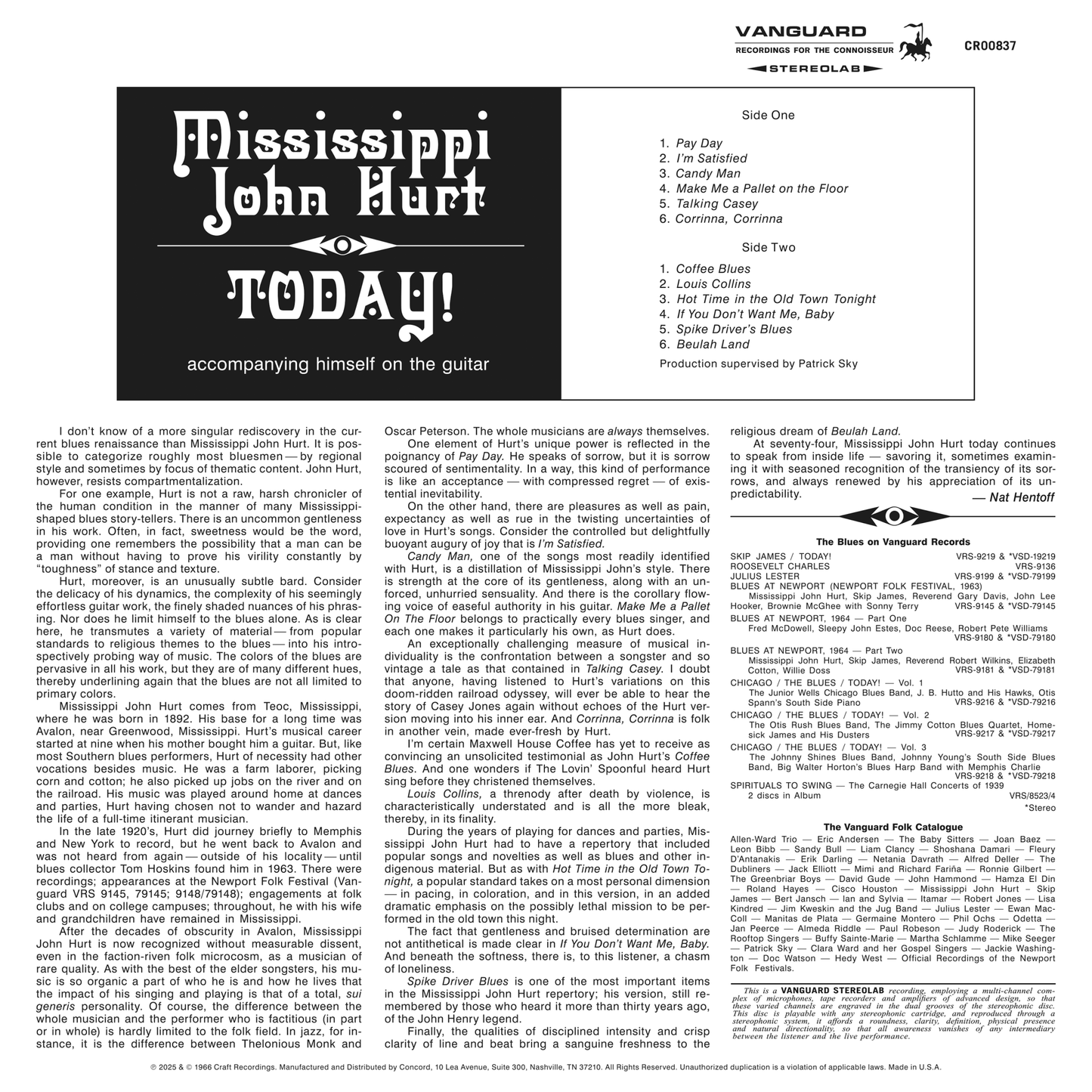 Mississippi John Hurt - Today! - Bluesville Acoustic Sound Series LP { Vinyl LP }