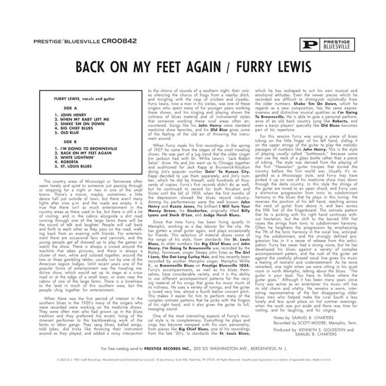 Furry Lewis - Back on My Feet Again - Bluesville Acoustic Sounds Series LP { Vinyl LP }