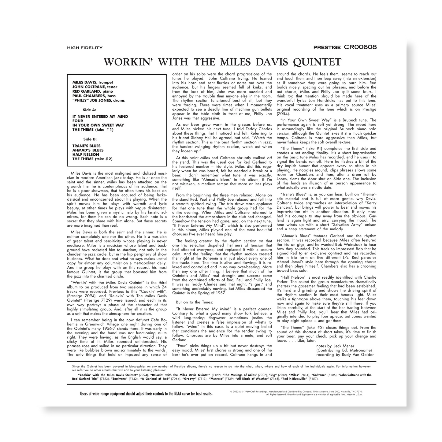 Miles Davis - Workin' With The Miles Davis Quintet - OJC LP { Vinyl LP }