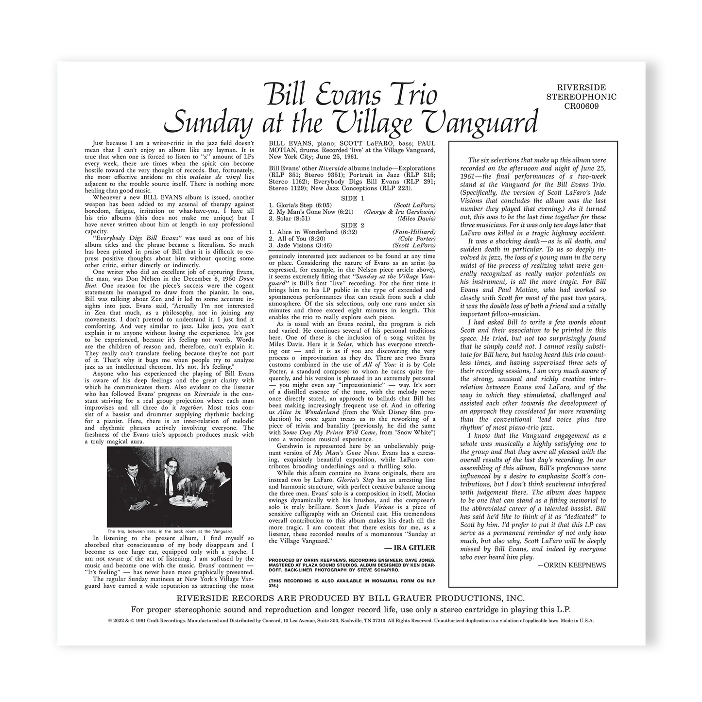 Bill Evans Trio - Sunday at the Village Vanguard - OJC LP { Vinyl LP }