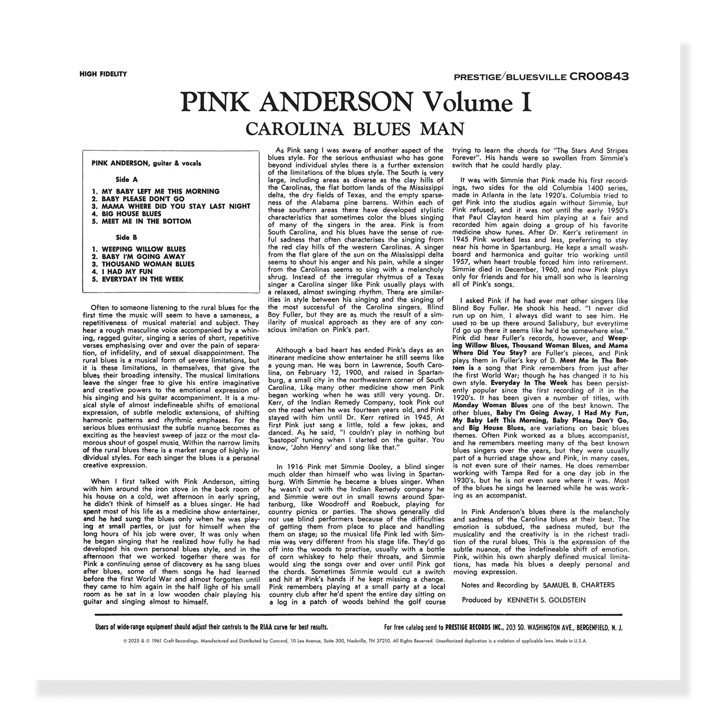 Pink Anderson - Volume 1: Carolina Blues Man - Bluesville Acoustic Sounds Series LP { Vinyl LP }